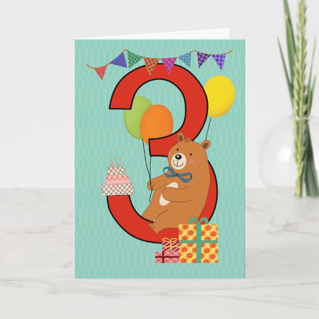 Carte 3e anniversaire avec ours assis (Devant)