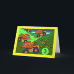 Carte 3e anniversaire de Grandson, Camions de vidage, Cu<br><div class="desc">Des camions à benne colorée avec des cupcakes sont prêts à les empiler pour le 3e anniversaire d'un petit-fils. Copyright © Shoaff Ballanger Studios.</div>