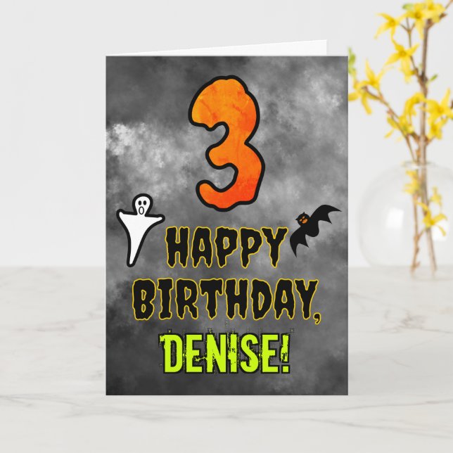 Carte 3e anniversaire : Eerie Halloween Thème + Nom pers (Fleur jaune)
