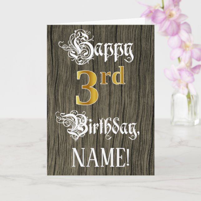 Carte 3e anniversaire : Faux Gold Look + Faux Wood Motif (Orchidée)