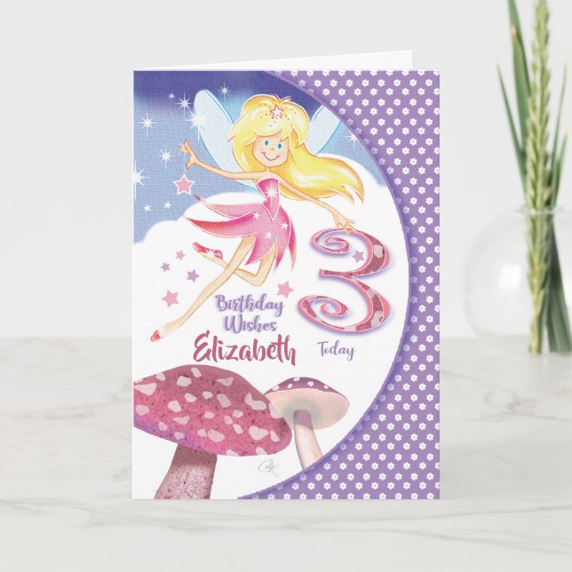 Carte 3e anniversaire fille, poilue rose et champignon (Devant)