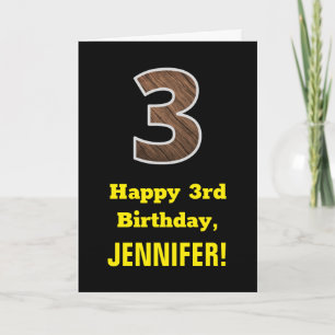 Carte 3e anniversaire : Nom, Motif Faux Wood Grain "3"