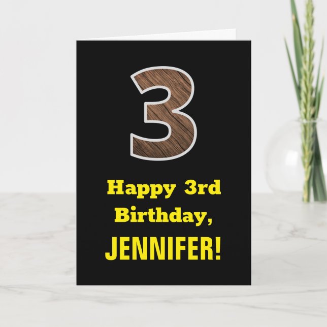 Carte 3e anniversaire : Nom, Motif Faux Wood Grain "3" (Devant)