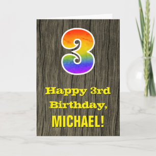 Carte 3e anniversaire : Rustic Faux Wood Look, Rainbow "