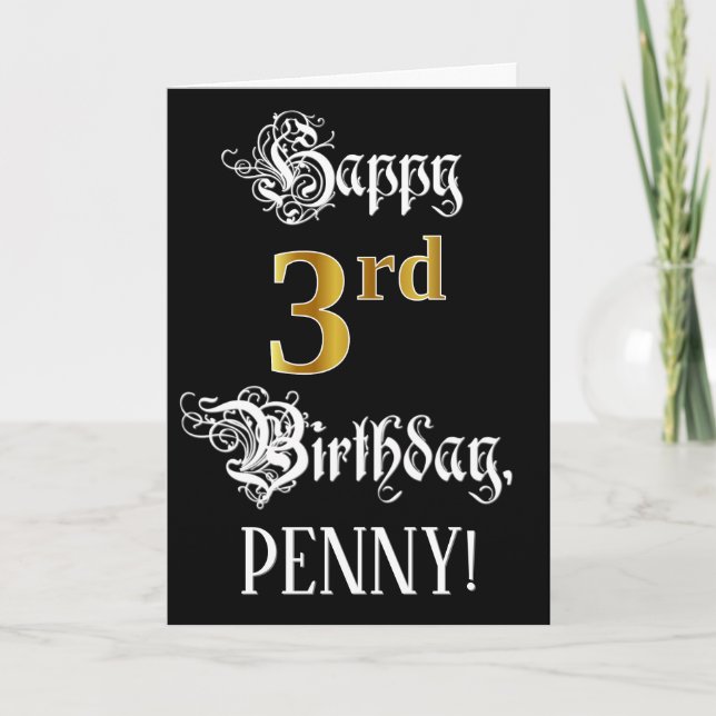 Carte 3e anniversaire — Script fantaisie; look or Faux;  (Devant)
