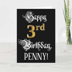 Carte 3e anniversaire — Script fantaisie; look or Faux; 
