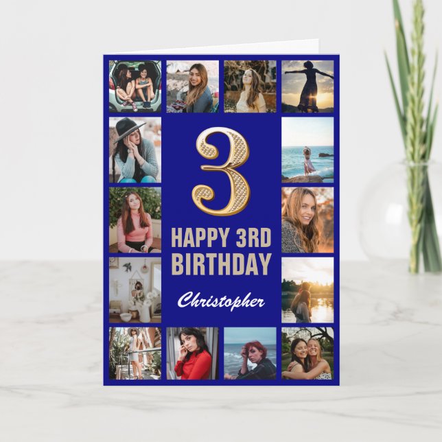 Carte 3e Joyeux Anniversaire Marine Blue & Gold Photo Co (Devant)