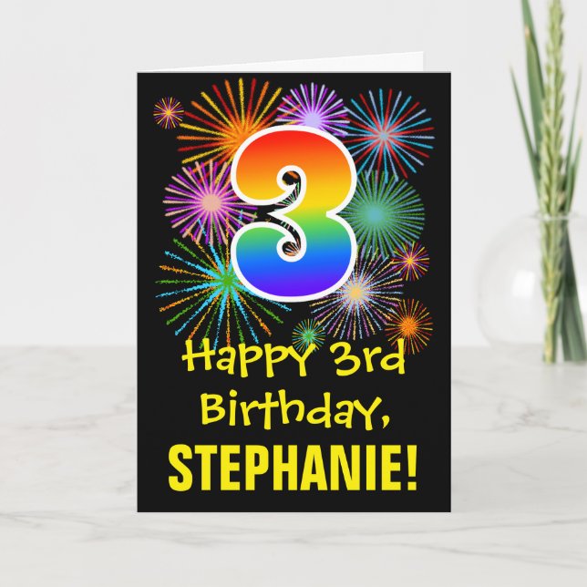 Carte 3ème anniversaire : Fun Motif Fireworks + Rainbow  (Devant)