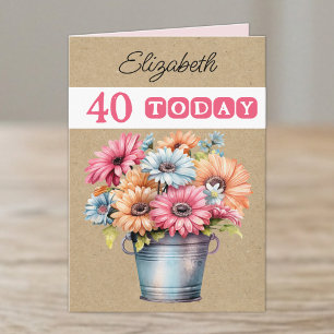 Carte 40 ans gerberas fleurs roses anniversaire de naiss