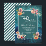 Carte 40 et fabuleuse fête d'anniversaire Turquoise rose<br><div class="desc">Turquoise et bleu marine grunge-texturé 40e anniversaire invitation de fête ("40 et fabuleux") avec délicat rose et pêche floral. L'arrière de cette invitation est un motif en diagonale turquoise et blanc rayé.</div>