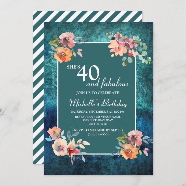 Carte 40 et fabuleuse fête d'anniversaire Turquoise rose (Devant / Derrière)