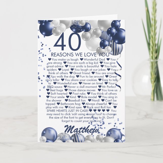 Carte 40e anniversaire 40 raisons Nous vous aimons Bleu (Devant)