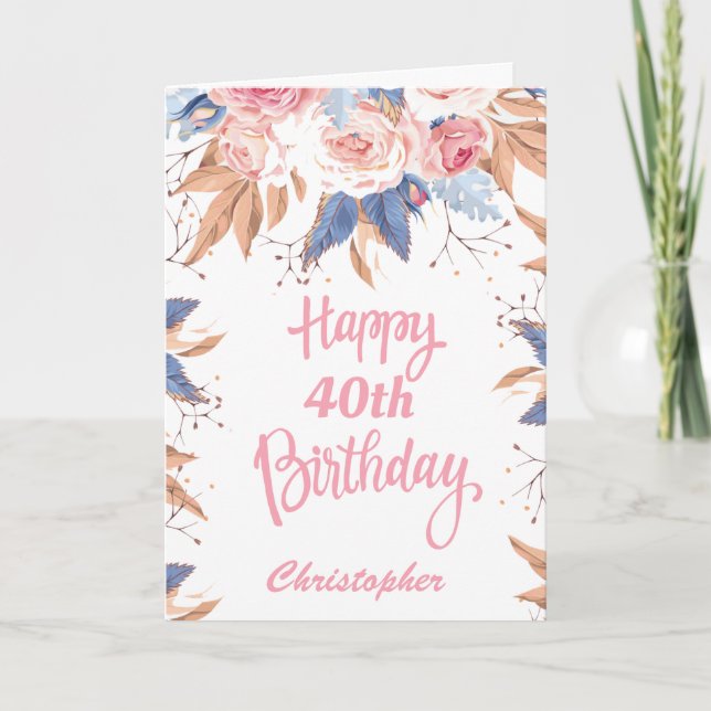 Carte 40e anniversaire Aquarelle Botanique Rose Floral (Devant)
