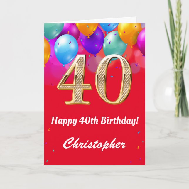 Carte 40e anniversaire Ballons rouges et dorés (Devant)