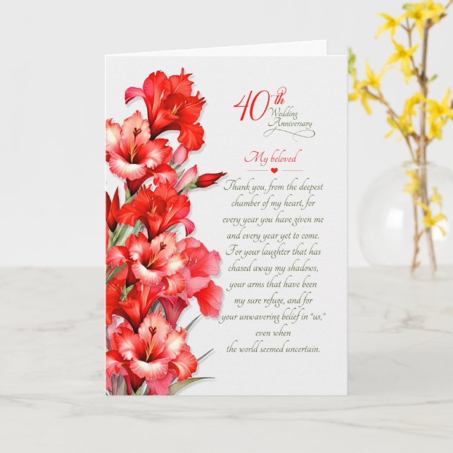Carte 40e anniversaire de mariage romantique Glaïeul rou (Fleur jaune)