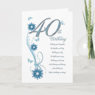 Carte 40e anniversaire en turquoise avec fleurs et papil