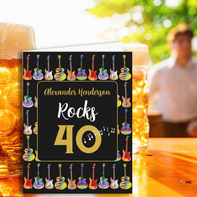 Carte 40e anniversaire Guitare Rock and Roll ajouter Nom (Cool music 40th birthday rock guitar black and gold personalized rocks 40 greetings card)