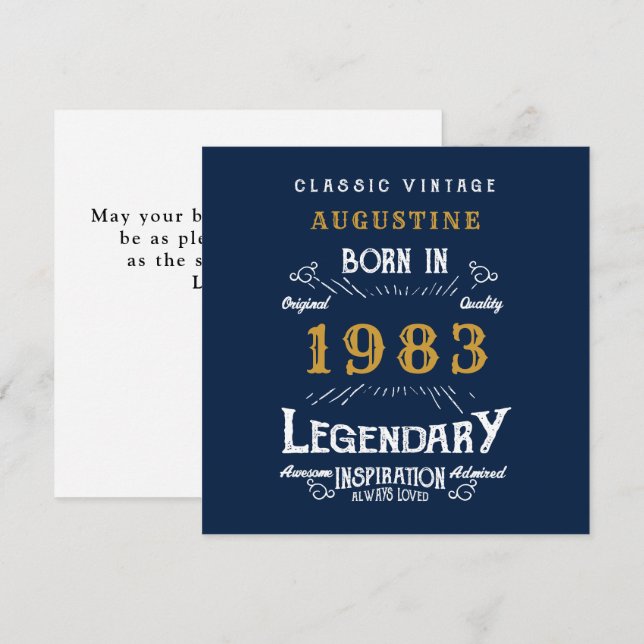 Carte 40e anniversaire Né 1983 Légende Blue Gold Greetin (Devant / Derrière)