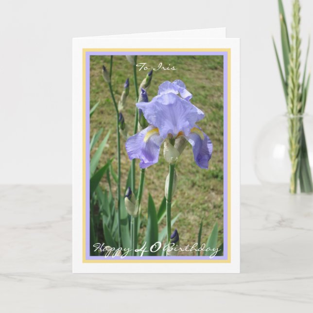 Carte 40e Anniversaire Nom Fleur Iris Cadre Élégant Doré (Devant)