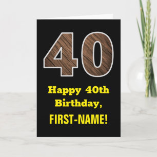 Carte 40e anniversaire : Nom, Motif Faux Wood Grain "40"