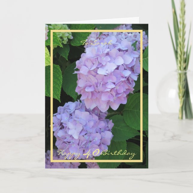 Carte 40e Anniversaire Sarah Hydrangeas Cadre Doré Éléga (Devant)