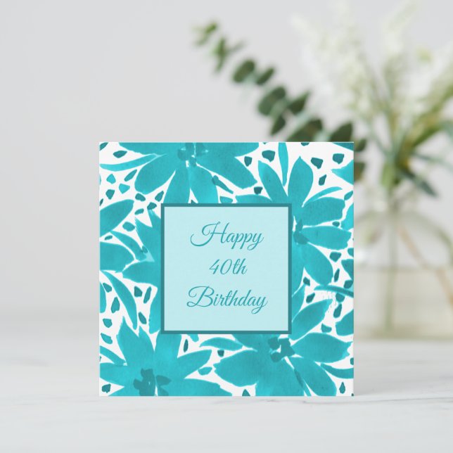 Carte 40e anniversaire Turquoise Blue Flowers Aquarelle (Debout devant)