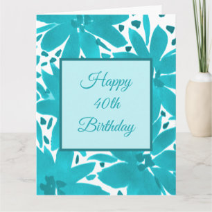 Carte 40e anniversaire Turquoise Blue Flowers Aquarelle