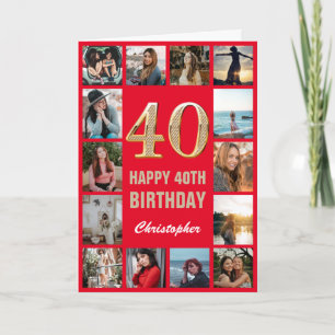 Carte 40e Joyeux Anniversaire Collage photo rouge et or