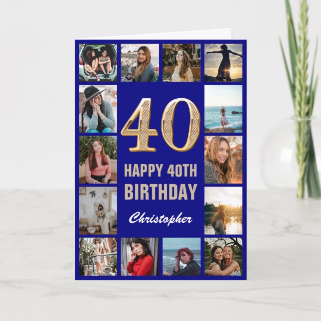 Carte 40e Joyeux Anniversaire Marine Bleu & Gold Photo C (Devant)