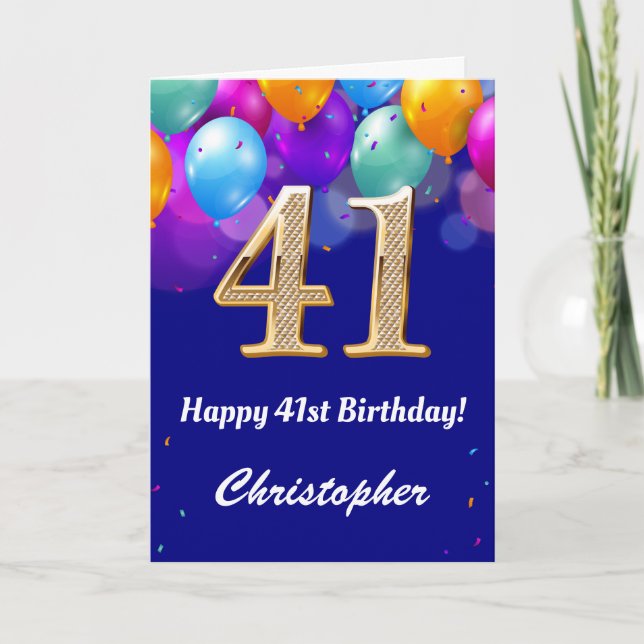 Carte 41e anniversaire Ballons bleu et or couleur marine (Devant)