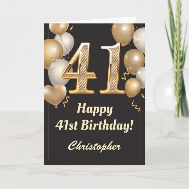 Carte 41e anniversaire Ballons Noir et Or Confetti (Devant)
