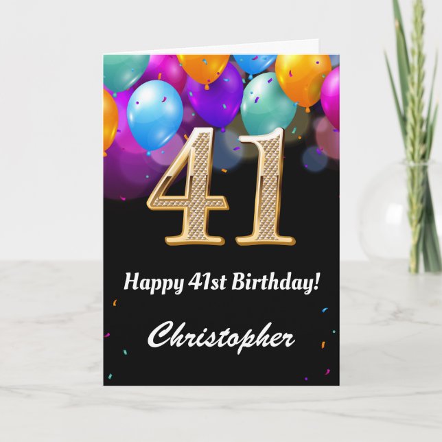Carte 41e anniversaire Ballons noirs et dorés (Devant)
