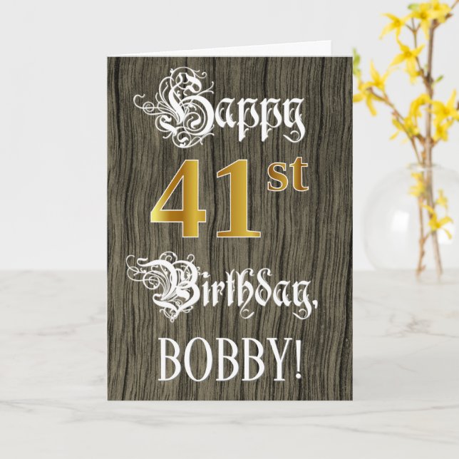 Carte 41e anniversaire : Faux Gold Look + Faux Wood Moti (Fleur jaune)