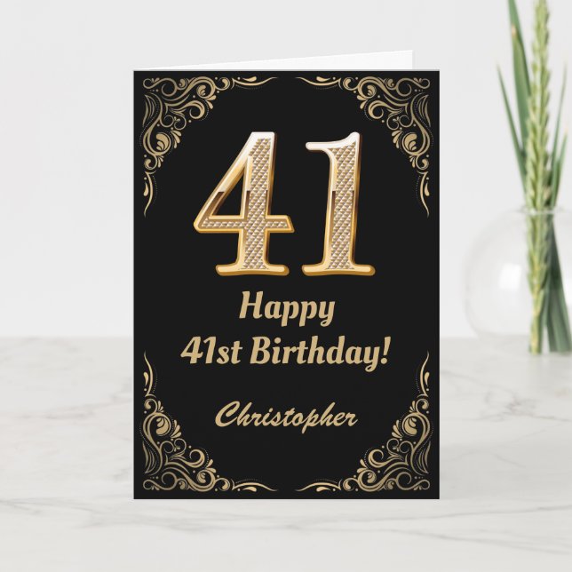 Carte 41e anniversaire Parties scintillant noir et or (Devant)