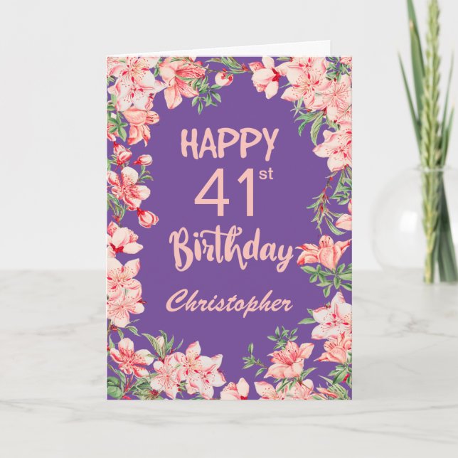 Carte 41e anniversaire Peach rose violet aquarelle Flora (Devant)