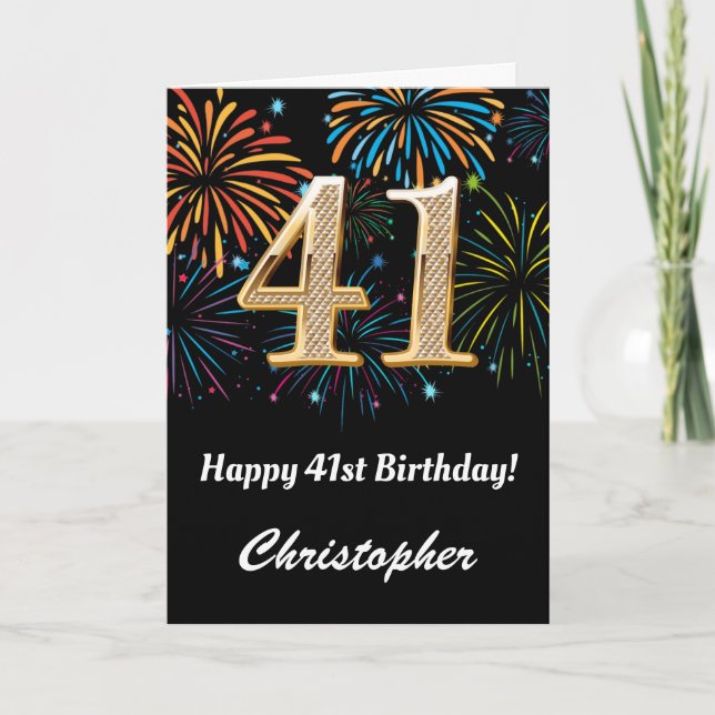 Carte 41e anniversaire Rainbow Fireworks noir et or (Devant)