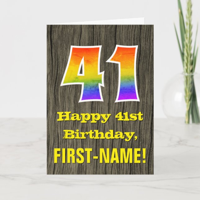 Carte 41e anniversaire : Rustic Faux Wood Look, Arc-en-c (Devant)