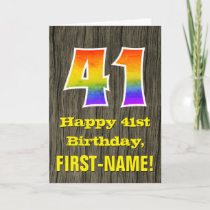 Carte 41e anniversaire : Rustic Faux Wood Look, Arc-en-c