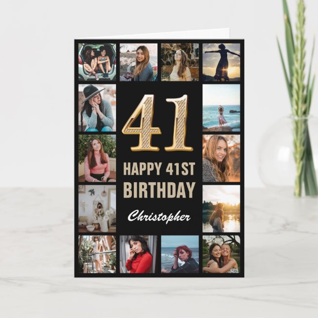Carte 41e Joyeux Anniversaire noir et or Collage photo (Devant)