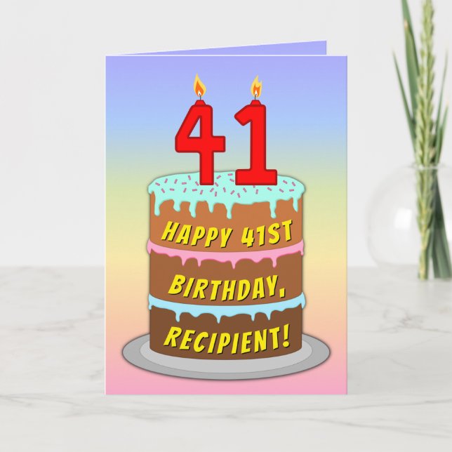 Carte 41st Birthday — Fun Cake & Candles, w/ Custom Name (Devant)