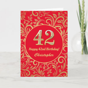 Carte 42e anniversaire Motif Floral rouge et or
