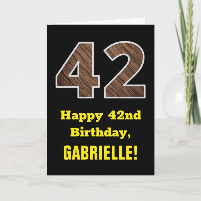 Carte 42e anniversaire : Nom, Motif Faux Wood Grain "42" (Devant)