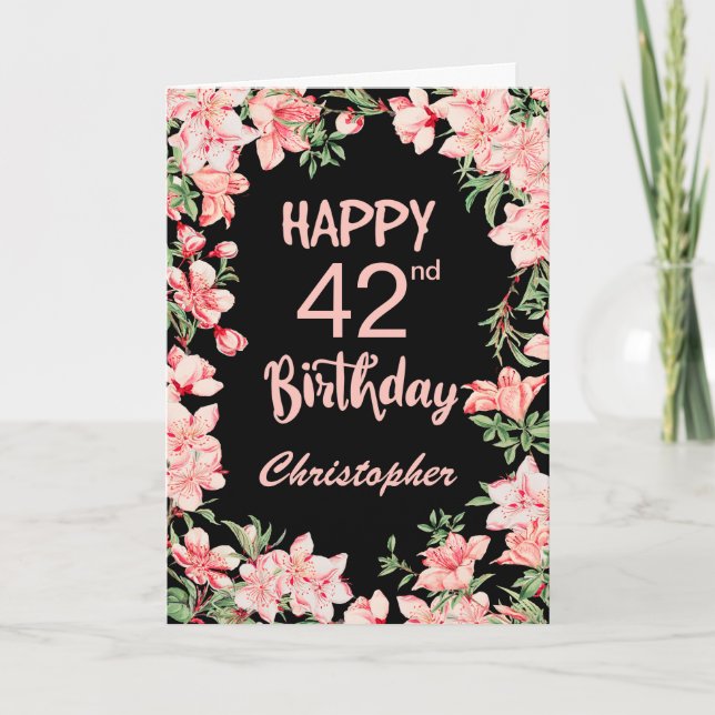 Carte 42e anniversaire Peach rose aquarelle Floral Noir (Devant)
