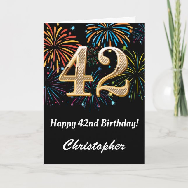 Carte 42e anniversaire Rainbow Fireworks noir et or (Devant)
