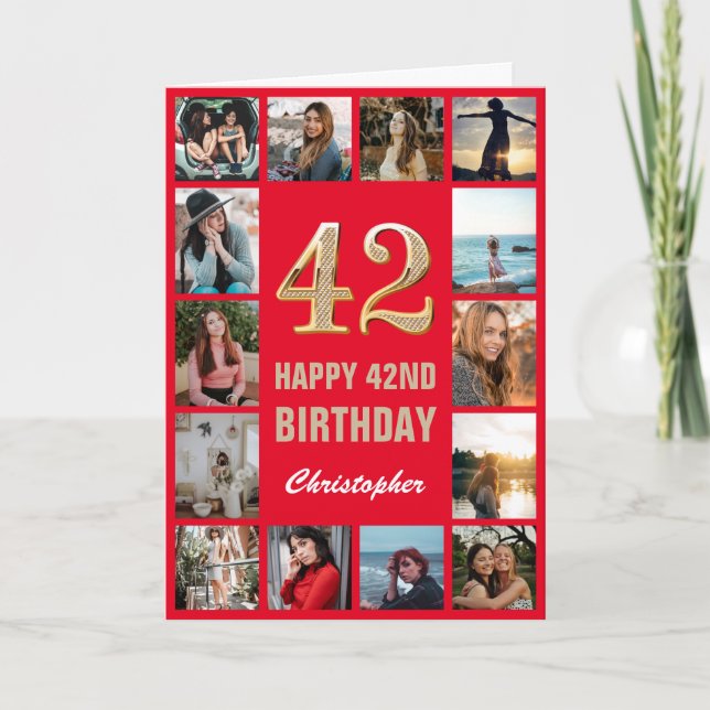 Carte 42e Joyeux Anniversaire Collage photo rouge et or (Devant)