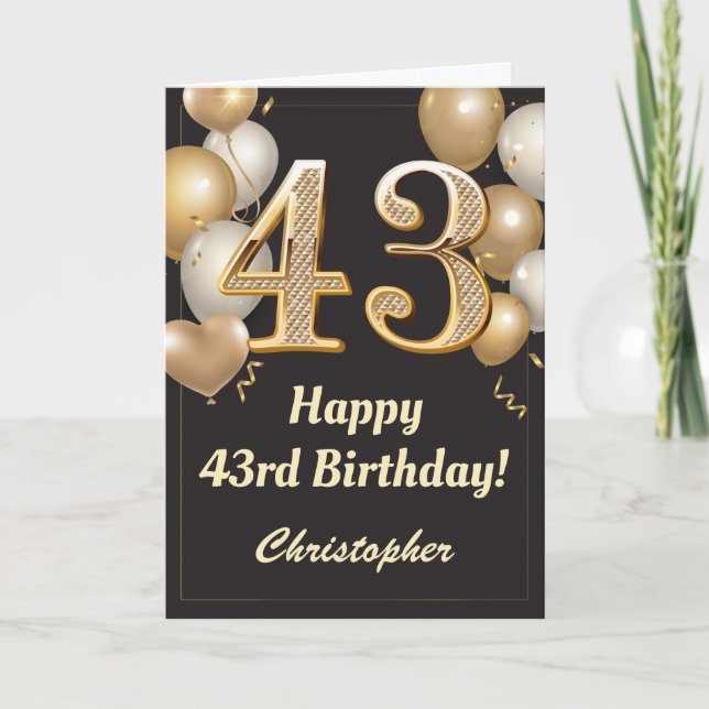 Carte 43e anniversaire Ballons Noir et Or Confetti (Devant)