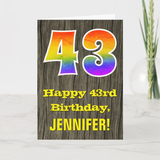 Carte 43e anniversaire : Rustic Faux Wood Look, Arc-en-c (Devant)