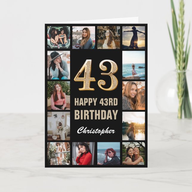 Carte 43e Joyeux anniversaire noir et or Collage photo (Devant)