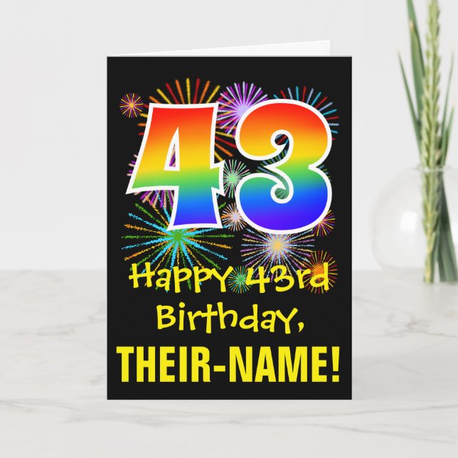 Carte 43ème anniversaire : Fun Fireworks Motif + Rainbow (Devant)
