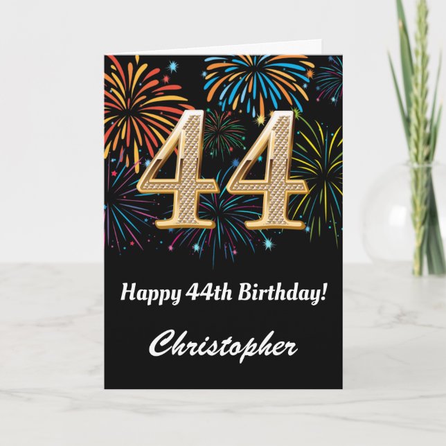 Carte 44e anniversaire Rainbow Fireworks noir et or (Devant)